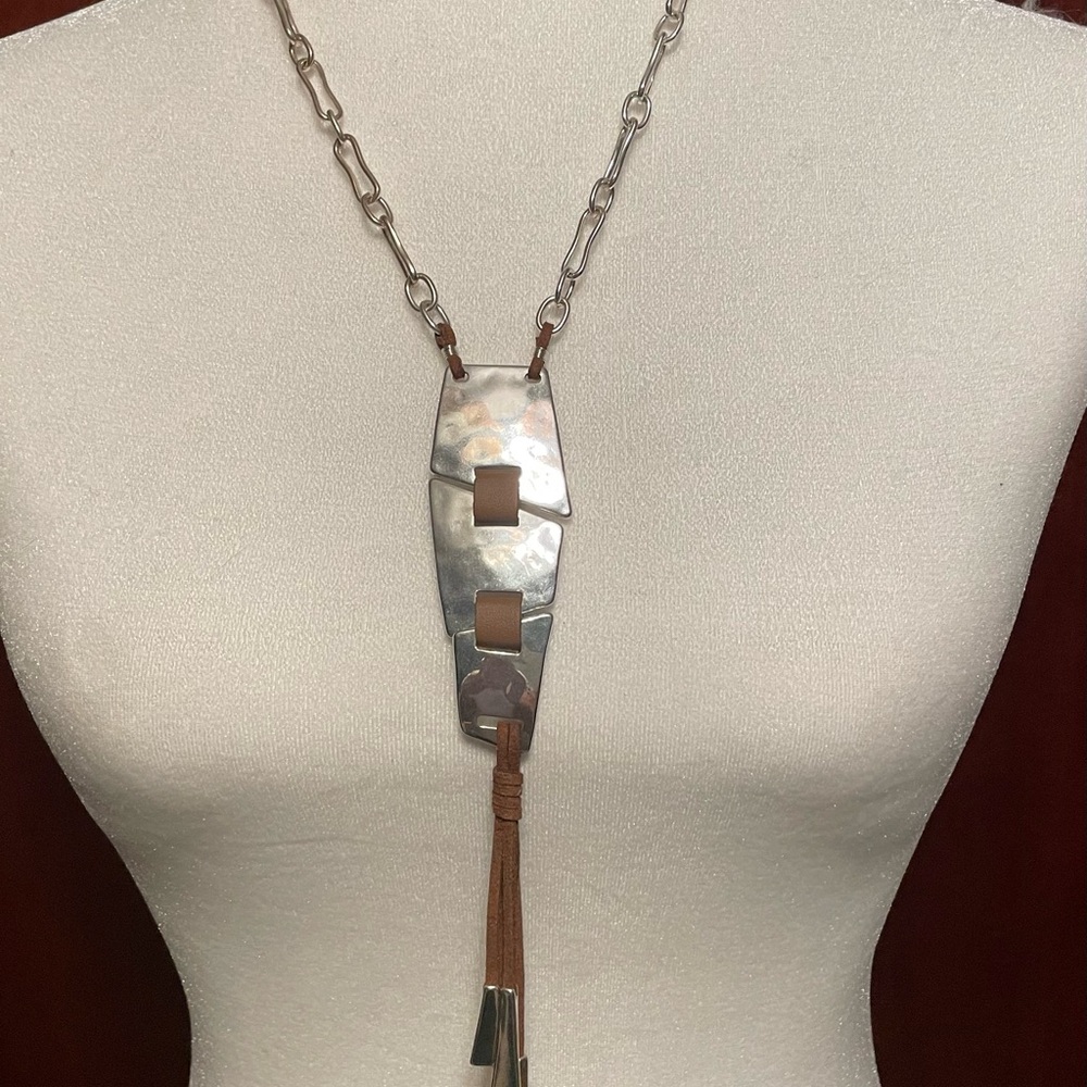 RLM SoHo Silvertone and Leather Y Boho Funky Statement Long Necklace